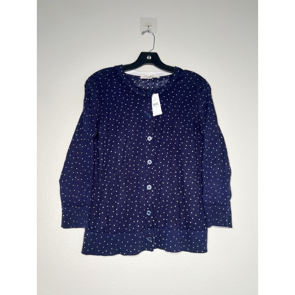 Loft Navy Blue Polka Dot Cotton Cardigan Sweater 3/4 Sleeve Womens Medium NWT